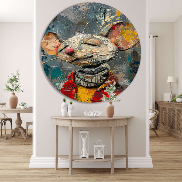 Schilderij van een gelukzalige muis in een rode trui aluminium muurcirkel