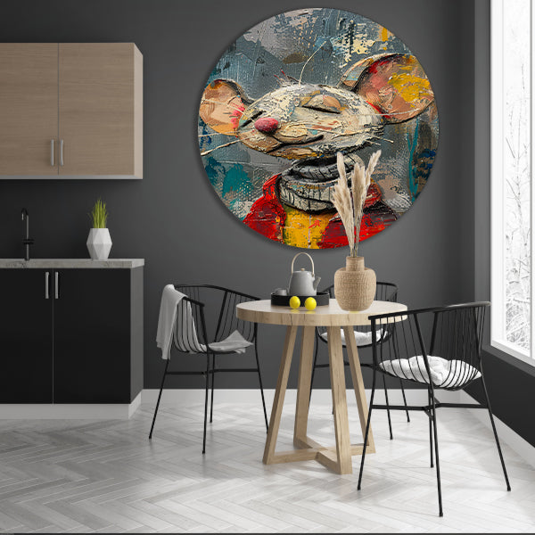 Schilderij van een gelukzalige muis in een rode trui aluminium muurcirkel