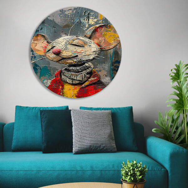 Schilderij van een gelukzalige muis in een rode trui aluminium muurcirkel