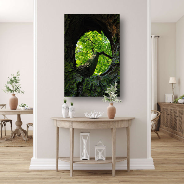 Boom gezien door een gat in de schors acrylglas