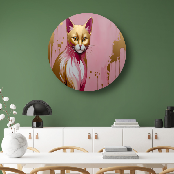 Gouden en roze moderne katportret aluminium muurcirkel