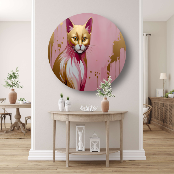 Gouden en roze moderne katportret aluminium muurcirkel