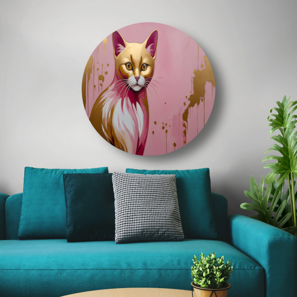 Gouden en roze moderne katportret aluminium muurcirkel
