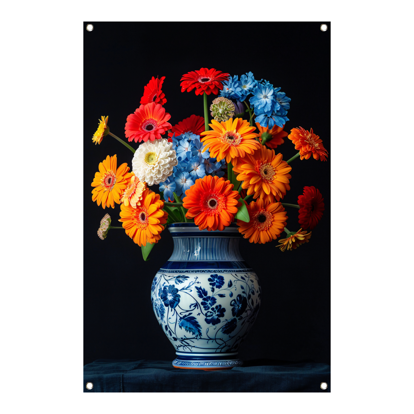 Levendige Bloemenpracht in Delfts Blauwe Vaas tuinposter