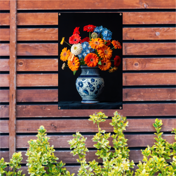 Levendige Bloemenpracht in Delfts Blauwe Vaas tuinposter