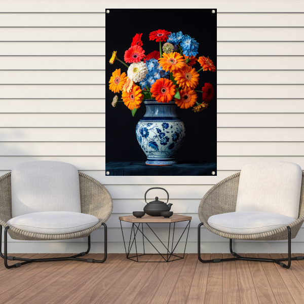 Levendige Bloemenpracht in Delfts Blauwe Vaas tuinposter