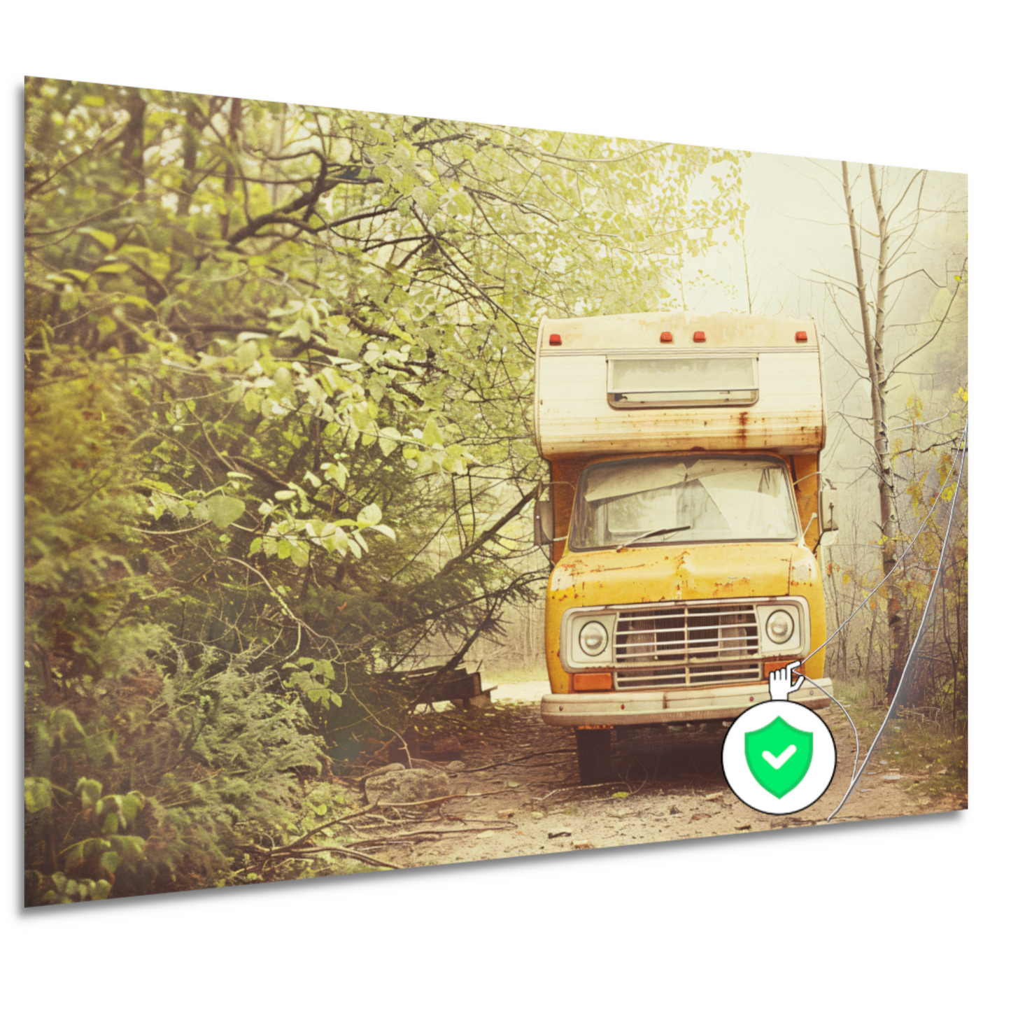 Oude camper verscholen in herfstbos poster