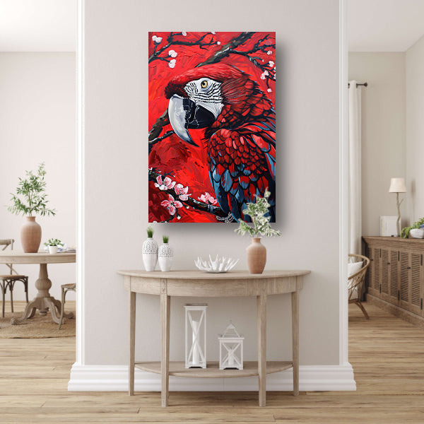 Surrealistische papegaai met bloesem op rode achtergrond canvas met baklijst