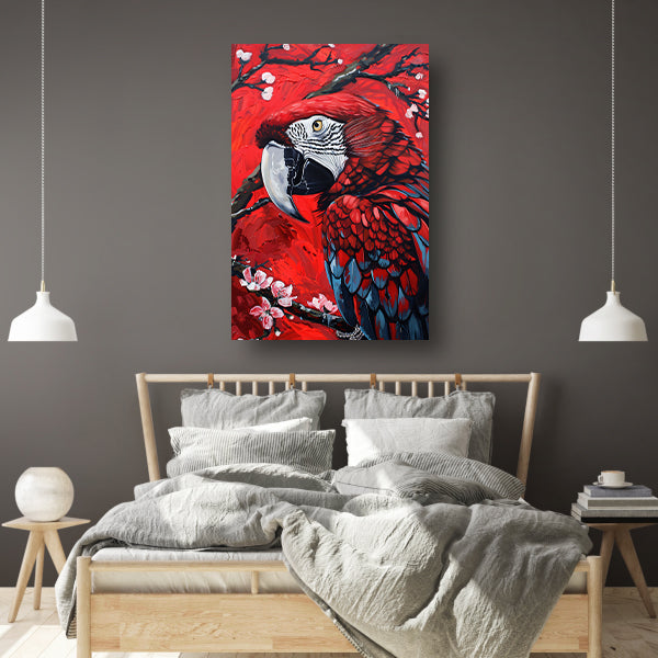 Surrealistische papegaai met bloesem op rode achtergrond canvas met baklijst