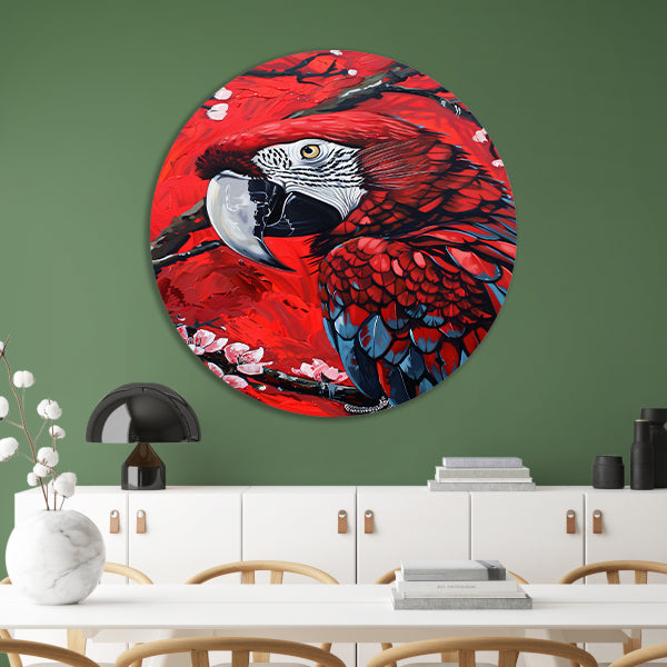 Surrealistische papegaai met bloesem op rode achtergrond aluminium muurcirkel