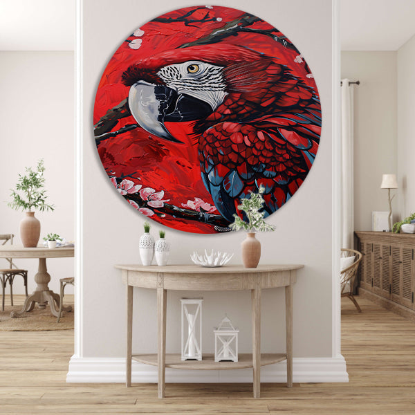 Surrealistische papegaai met bloesem op rode achtergrond aluminium muurcirkel