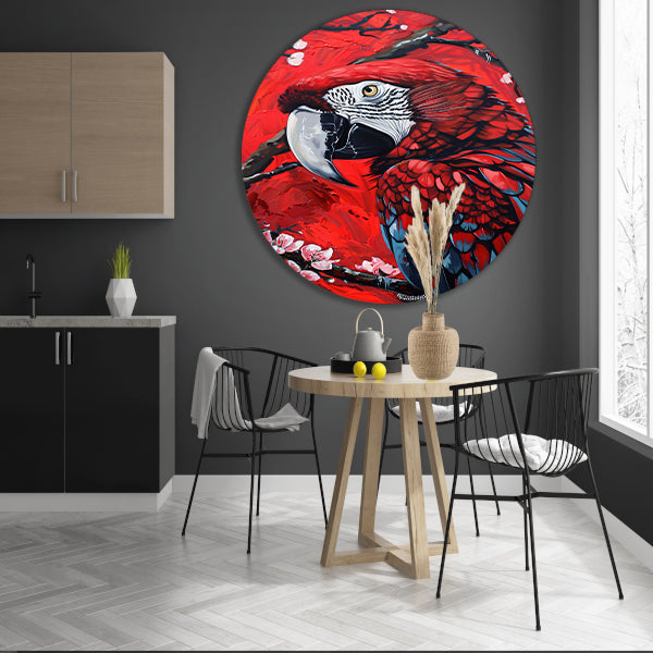 Surrealistische papegaai met bloesem op rode achtergrond aluminium muurcirkel