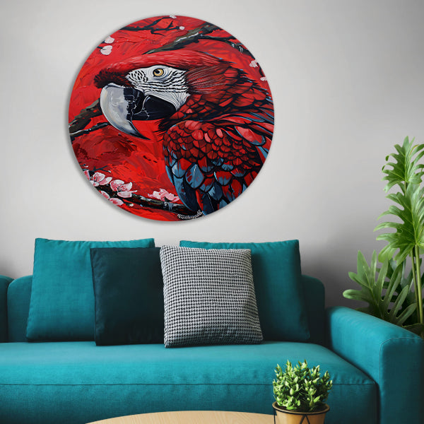 Surrealistische papegaai met bloesem op rode achtergrond aluminium muurcirkel