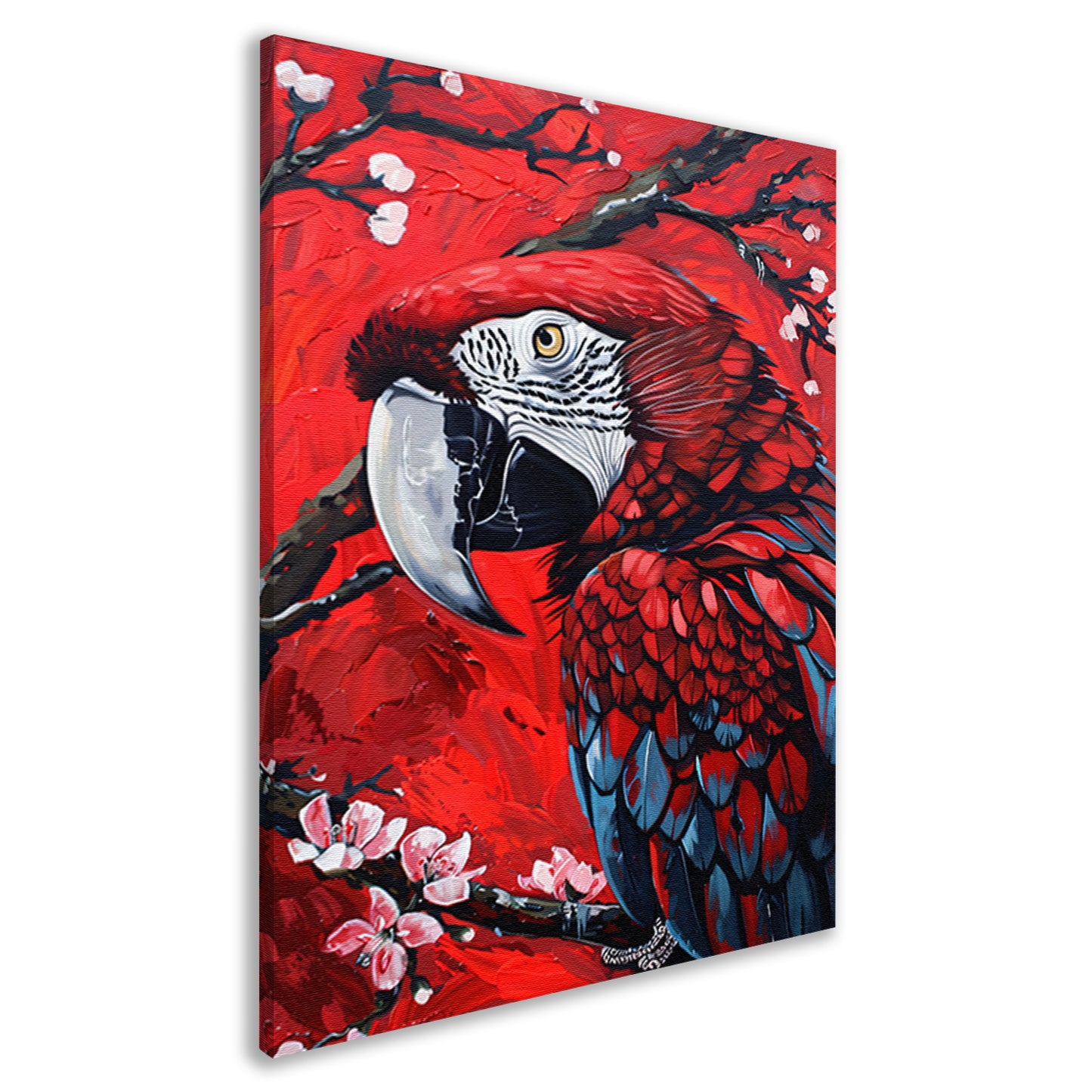 Surrealistische papegaai met bloesem op rode achtergrond canvas