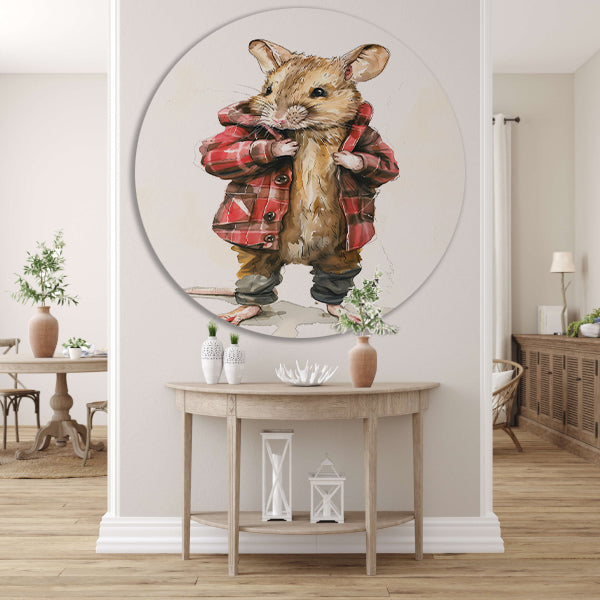 Aquarel van muis in geruite jas aluminium muurcirkel