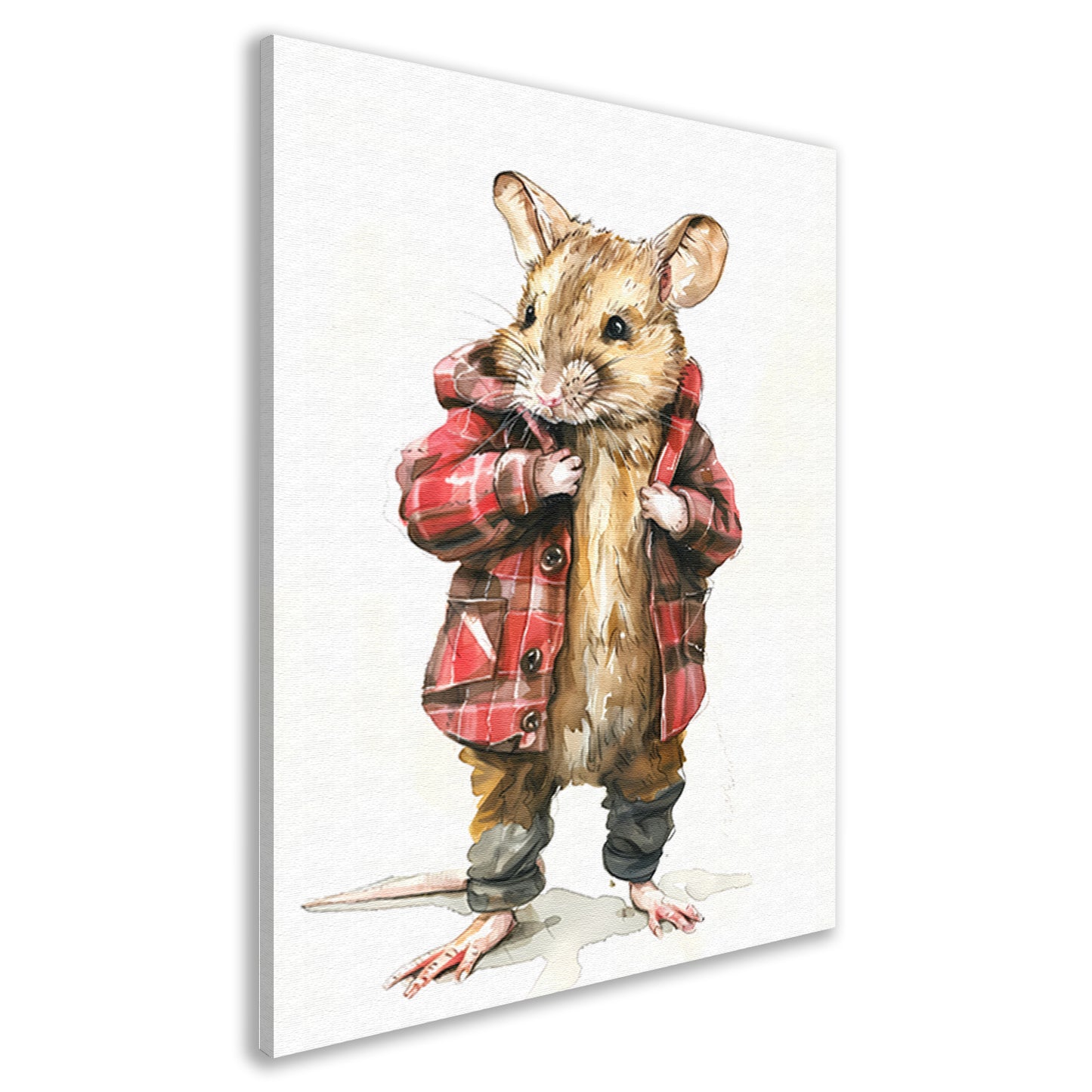 Aquarel van muis in geruite jas canvas