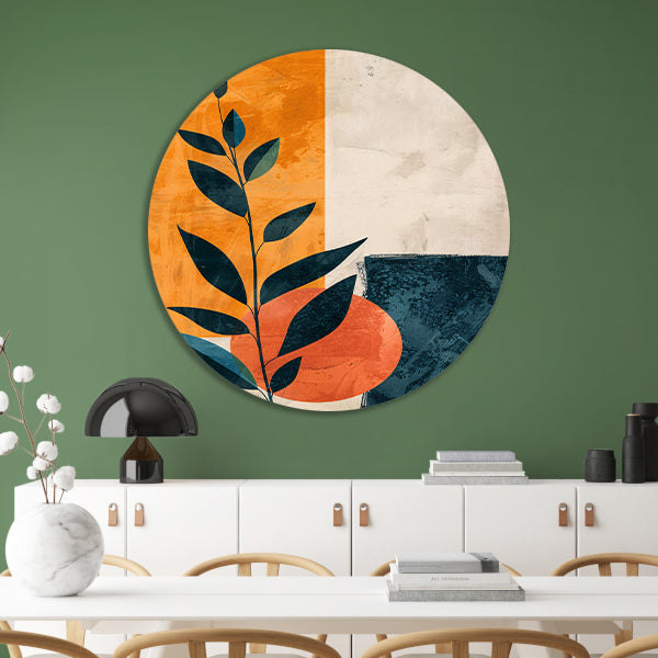Abstract Plant met Oranje en Blauwe Vormen aluminium muurcirkel