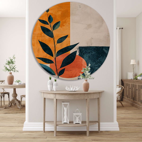 Abstract Plant met Oranje en Blauwe Vormen aluminium muurcirkel