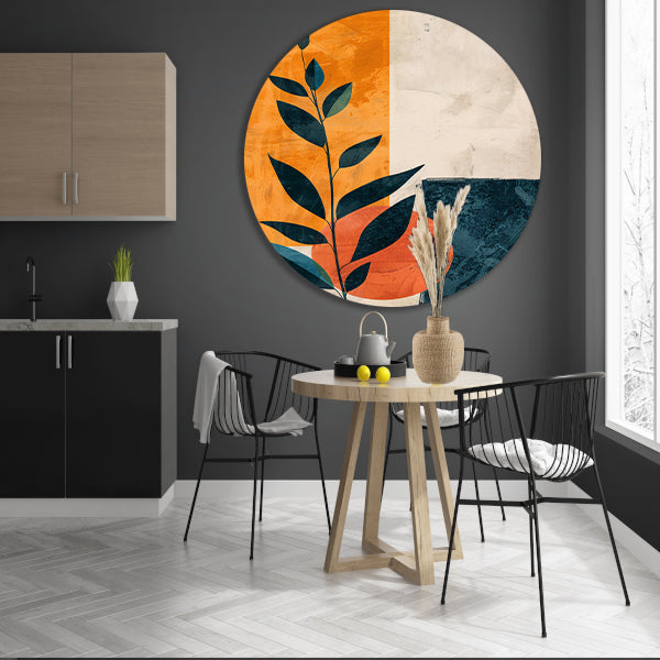 Abstract Plant met Oranje en Blauwe Vormen aluminium muurcirkel