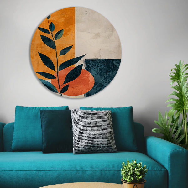 Abstract Plant met Oranje en Blauwe Vormen aluminium muurcirkel