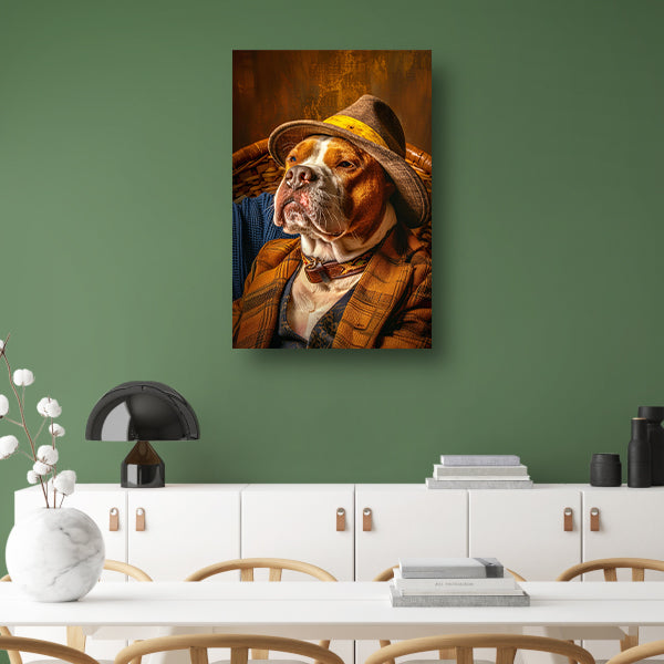 Pitbull in pak met hoed op stoel acrylglas