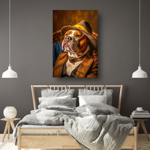 Pitbull in pak met hoed op stoel canvas