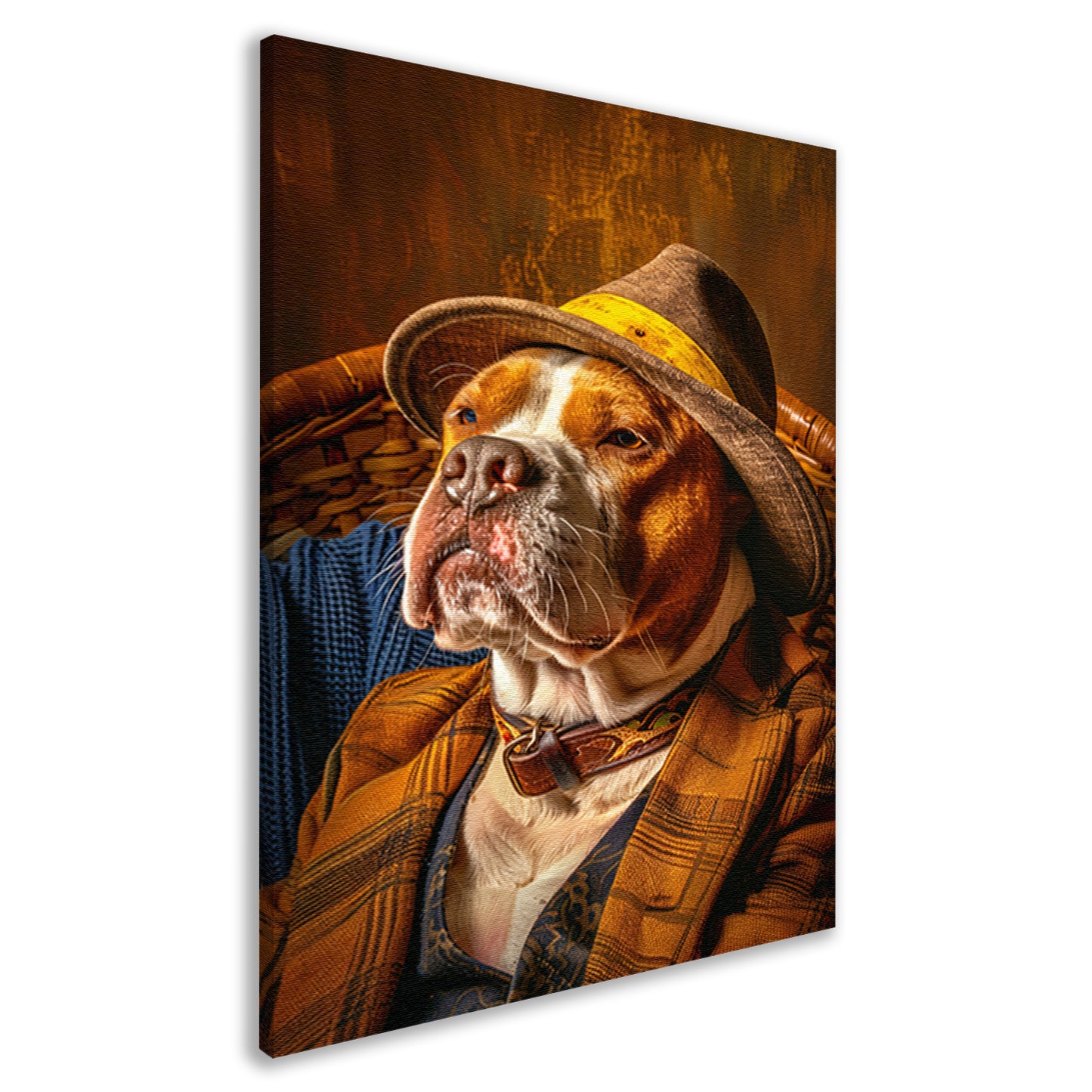 Pitbull in pak met hoed op stoel canvas