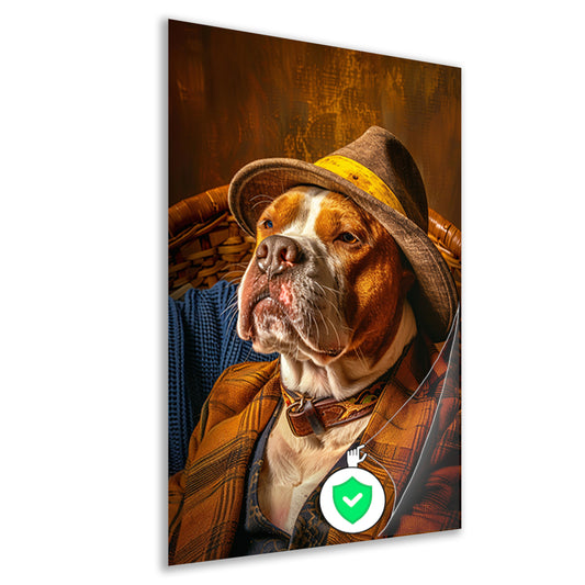 Pitbull in pak met hoed op stoel poster