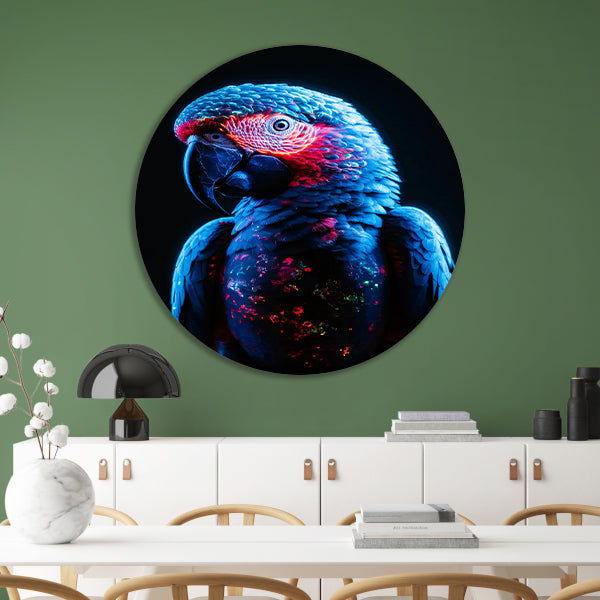 Futuristische Neon Papegaai met Licht Effecten aluminium muurcirkel