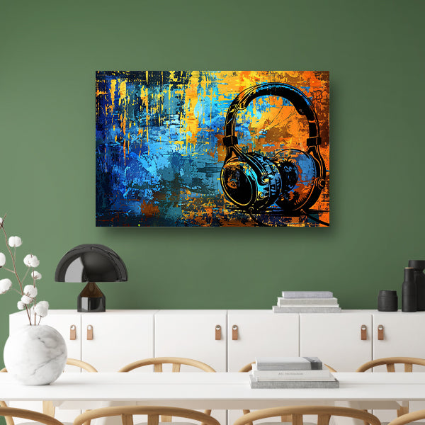 Kleurrijke koptelefoon met abstracte achtergrond acrylglas