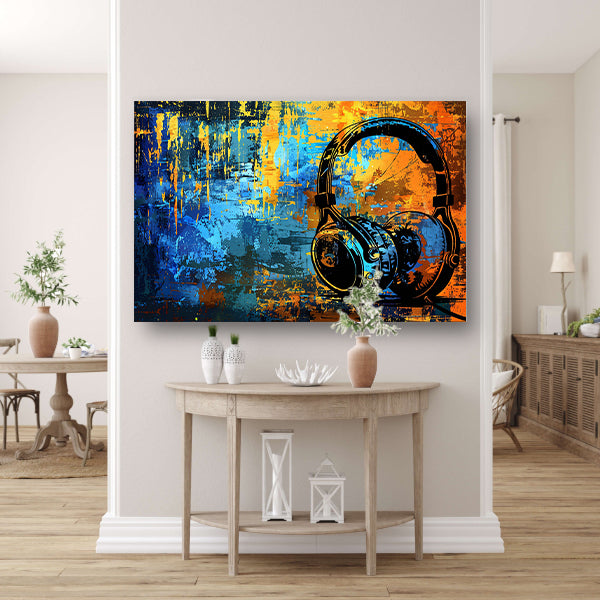 Kleurrijke koptelefoon met abstracte achtergrond acrylglas