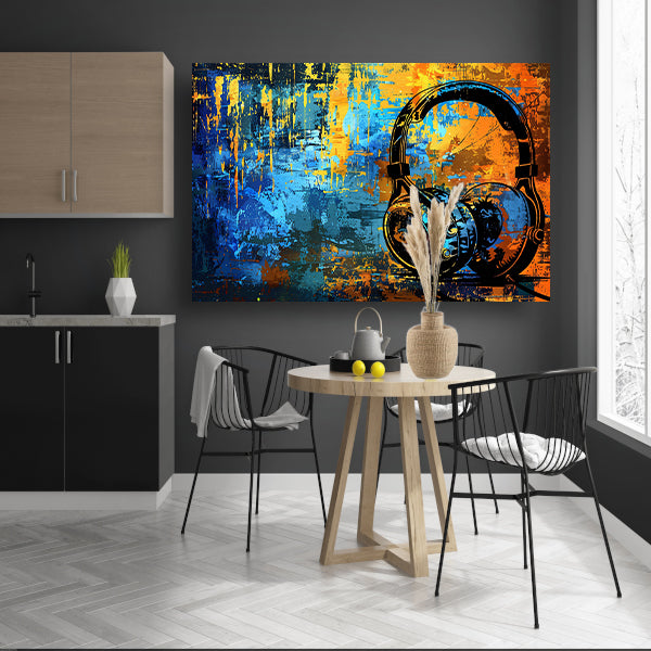 Kleurrijke koptelefoon met abstracte achtergrond acrylglas