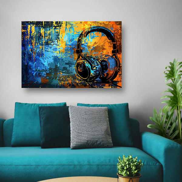 Kleurrijke koptelefoon met abstracte achtergrond acrylglas