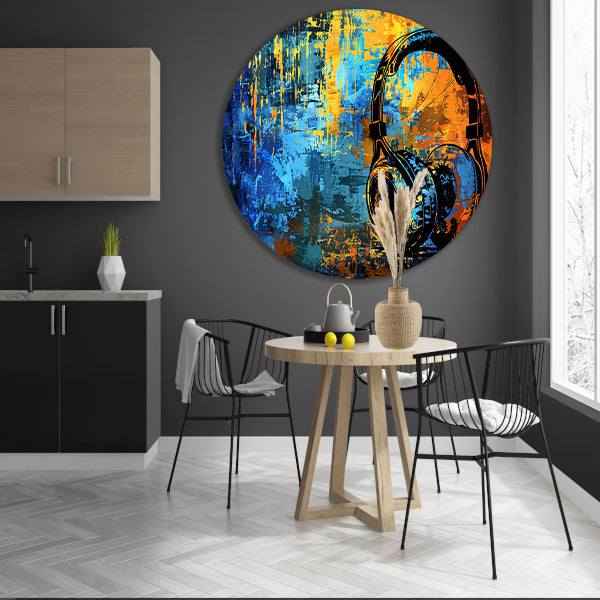 Kleurrijke koptelefoon met abstracte achtergrond aluminium muurcirkel