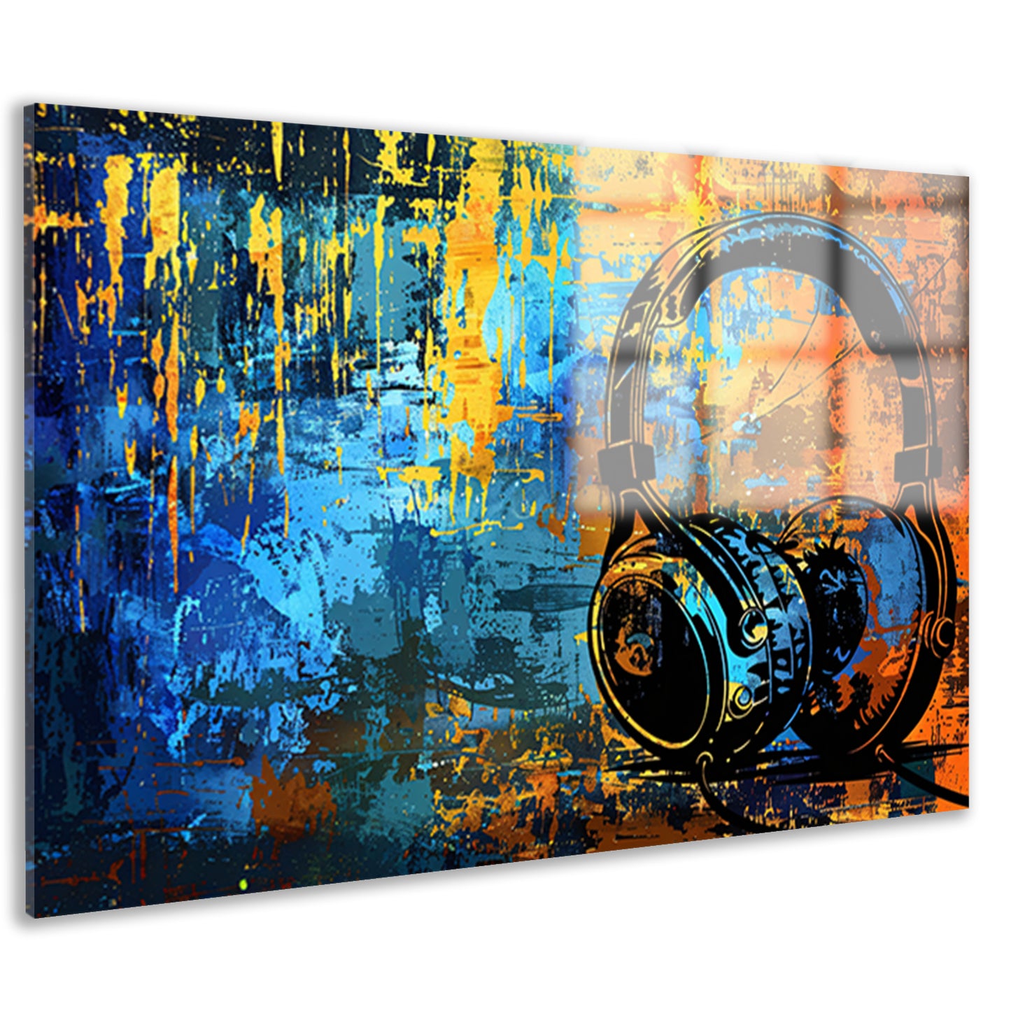 Kleurrijke koptelefoon met abstracte achtergrond acrylglas