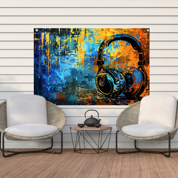 Kleurrijke koptelefoon met abstracte achtergrond tuinposter