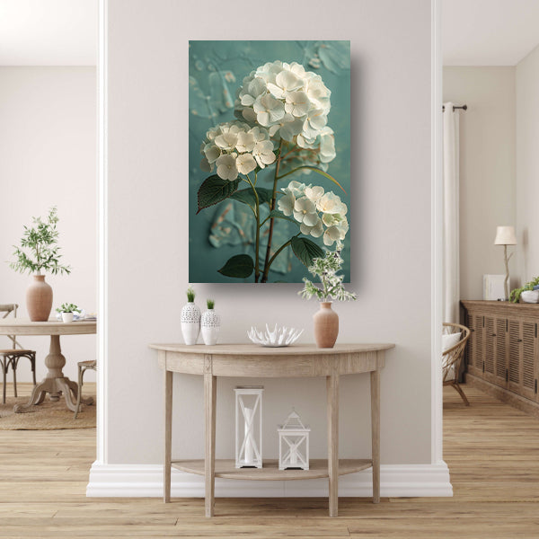 Witte Hortensia Bloemen in Turquoise Vaas poster