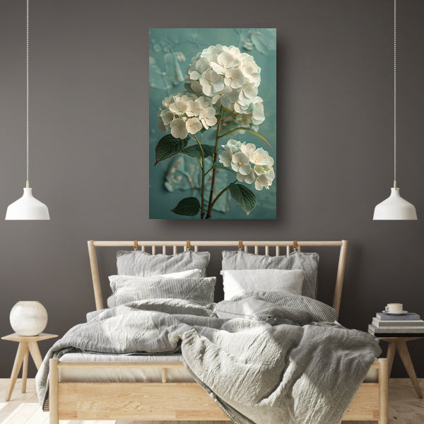 Witte Hortensia Bloemen in Turquoise Vaas poster