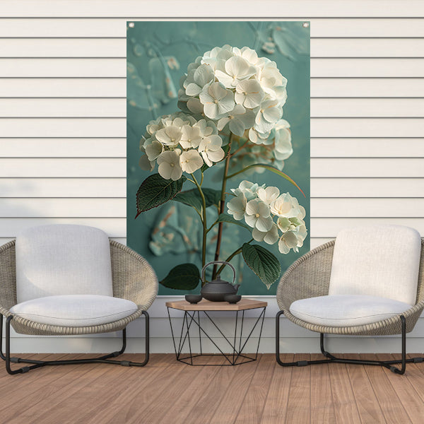 Witte Hortensia Bloemen in Turquoise Vaas tuinposter