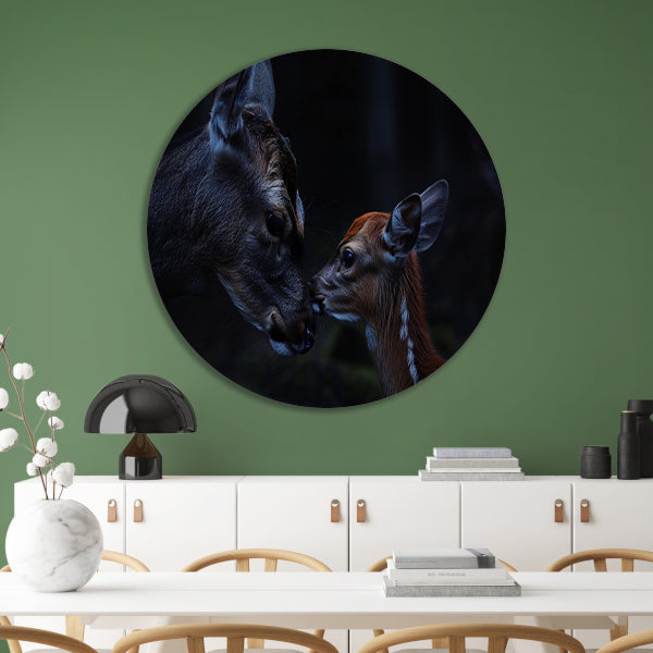 Intiem moment tussen hert en kalf aluminium muurcirkel