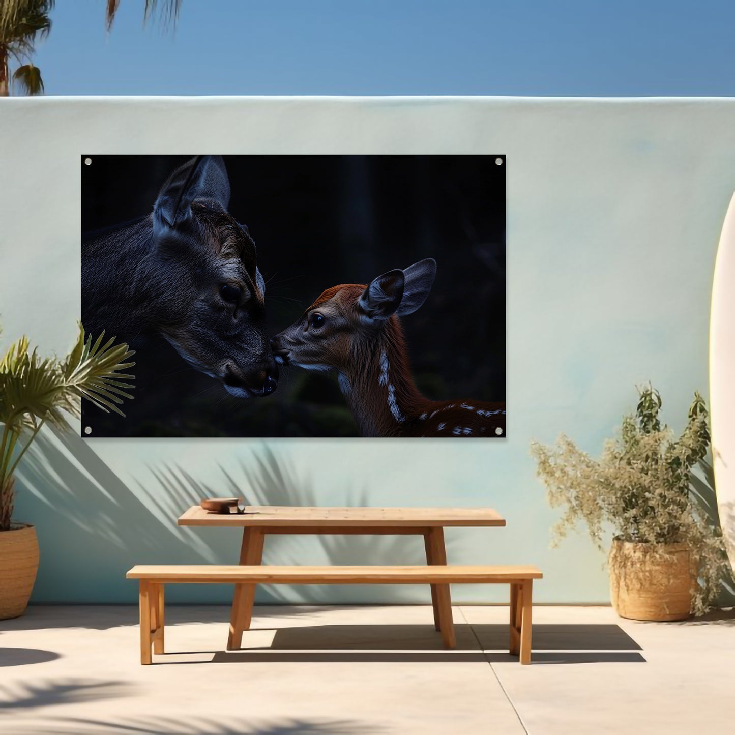 Intiem moment tussen hert en kalf tuinposter