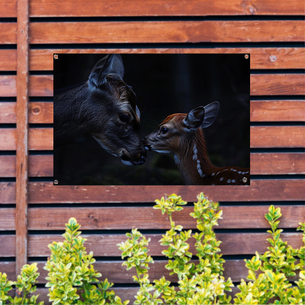 Intiem moment tussen hert en kalf tuinposter