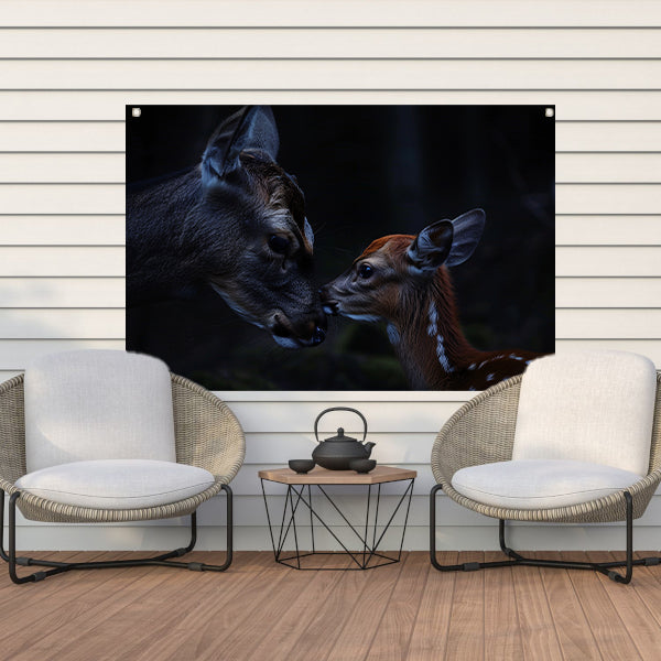 Intiem moment tussen hert en kalf tuinposter
