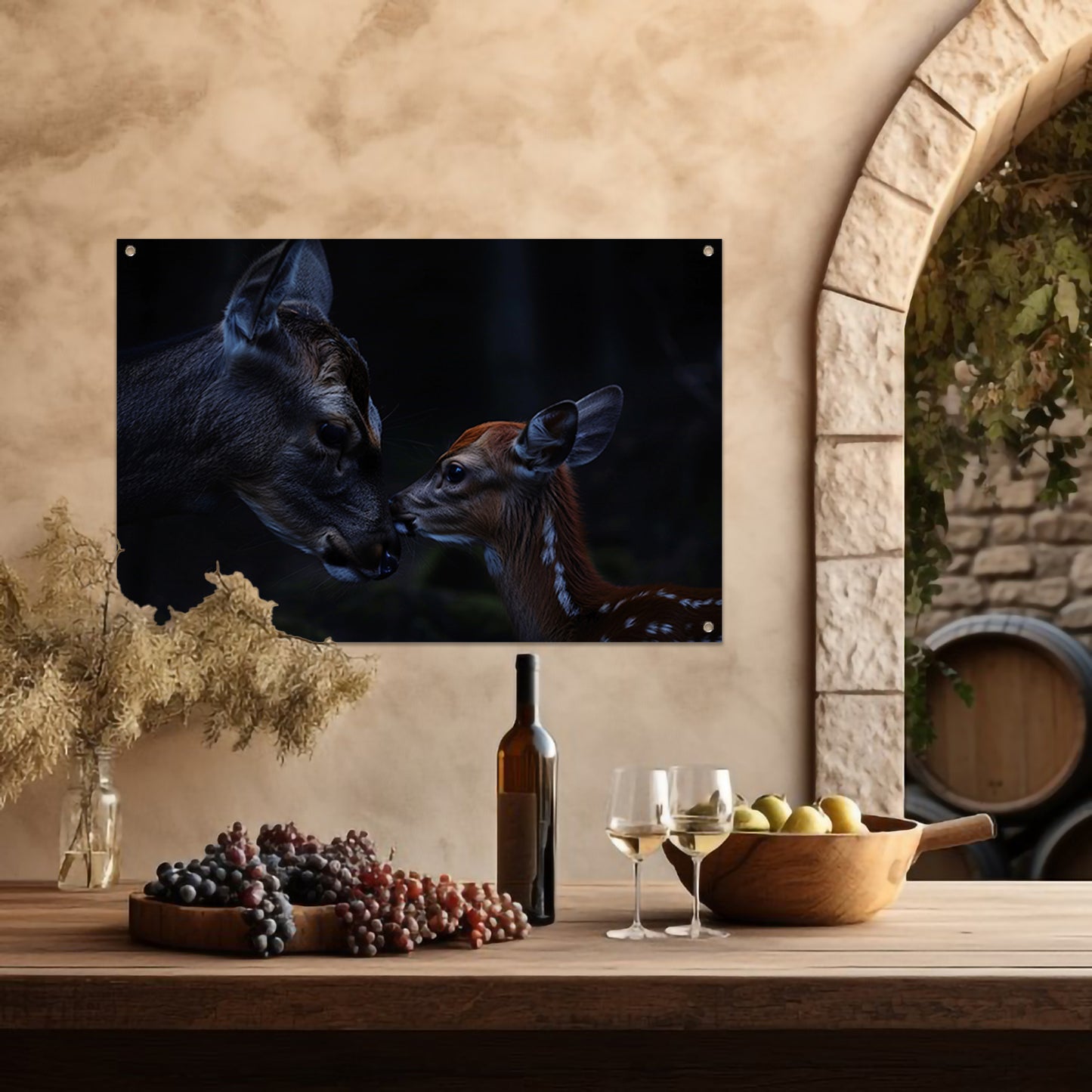 Intiem moment tussen hert en kalf tuinposter
