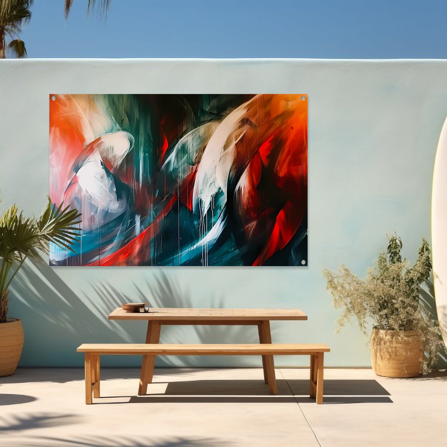 Dynamisch abstract schilderij met levendige kleuren tuinposter