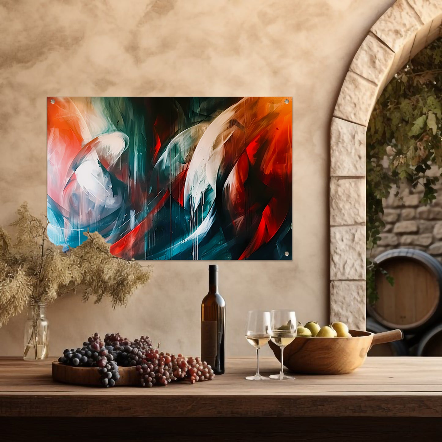 Dynamisch abstract schilderij met levendige kleuren tuinposter