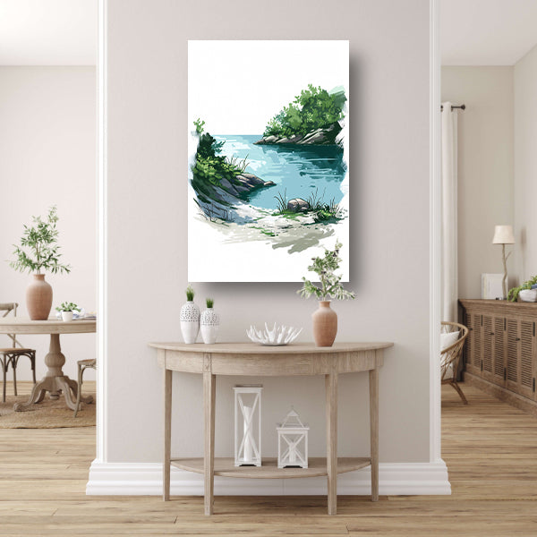 Schilderij van een rustige oever met veel groen canvas