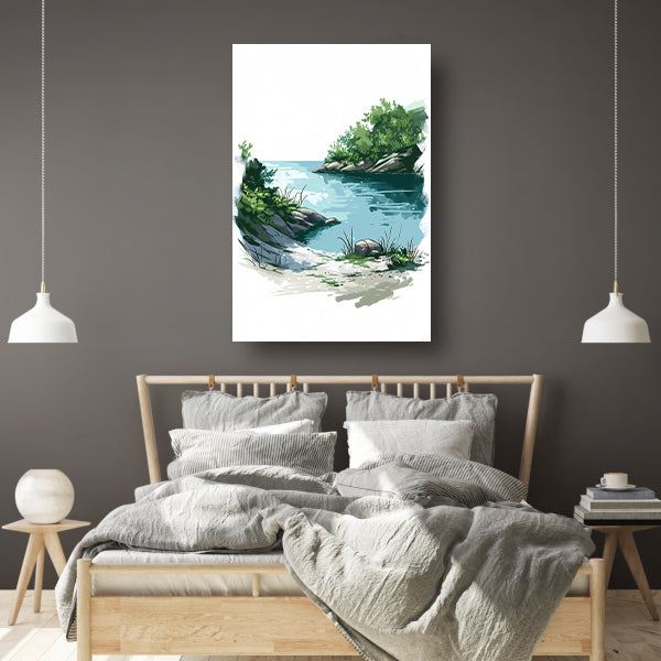 Schilderij van een rustige oever met veel groen canvas