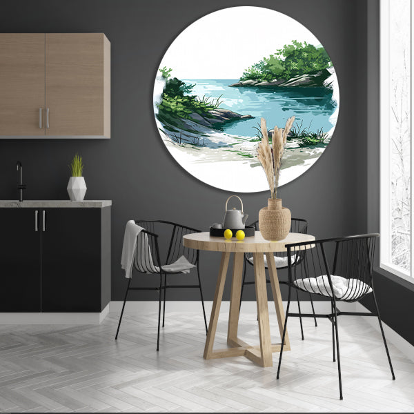 Schilderij van een rustige oever met veel groen aluminium muurcirkel
