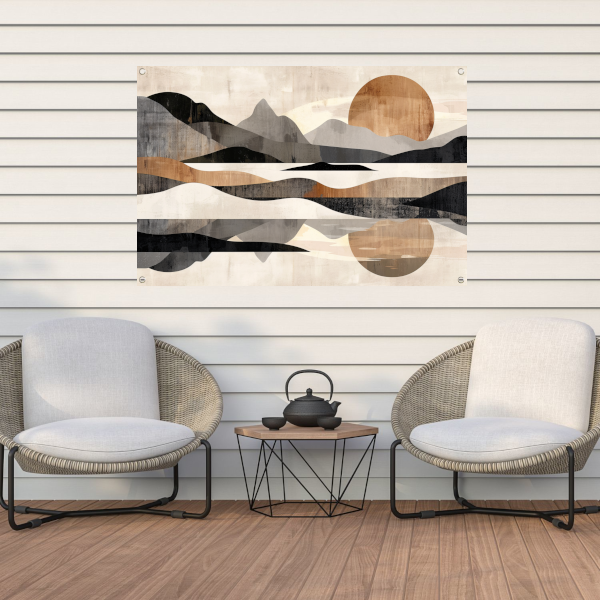 Rustgevende Abstracte Rivierlandschap in Monochroom tuinposter